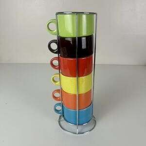 Pier 1 Ceramic Stackable Coffee Soup Mugs Set of 6 Multicolor With Stand